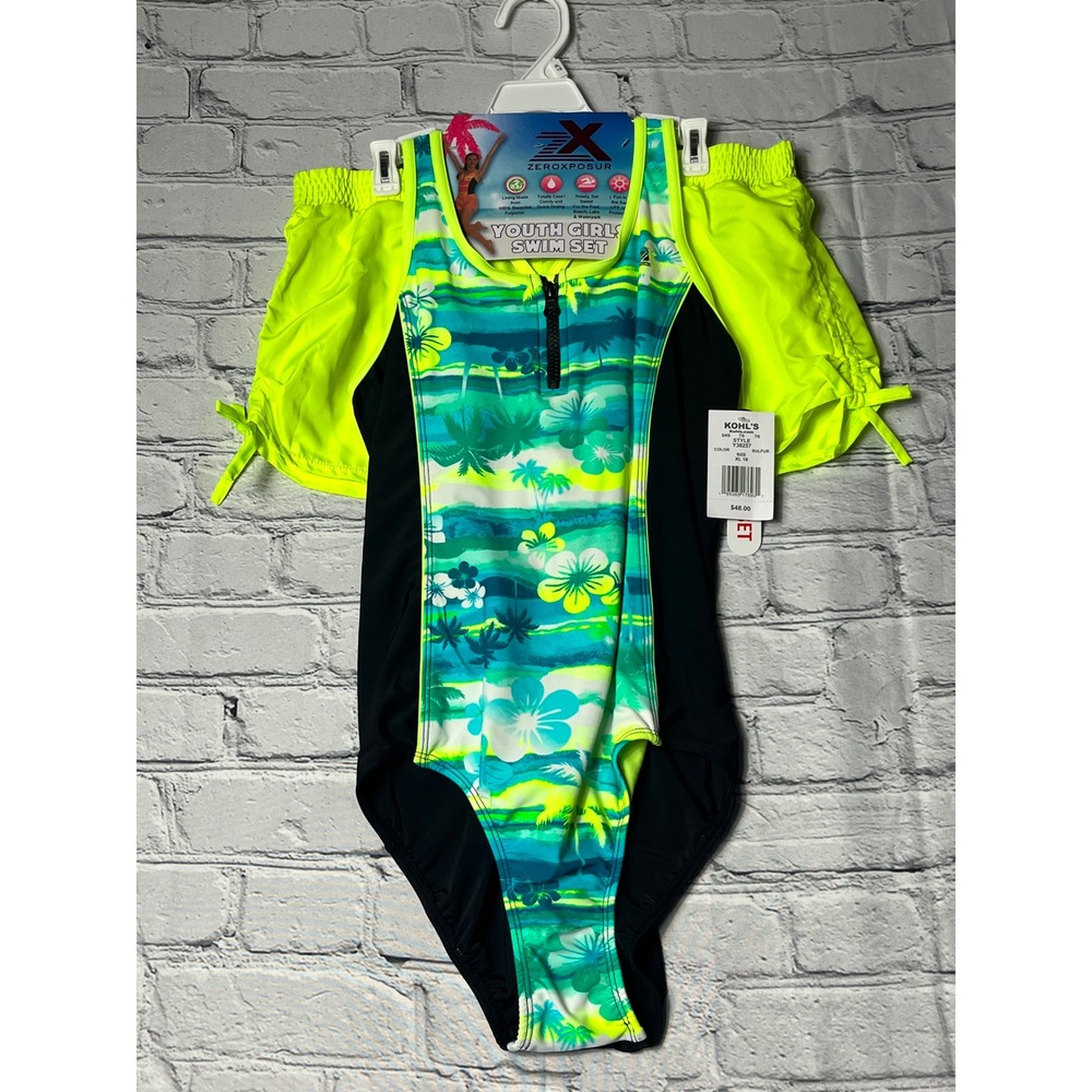ZeroXposur Youth Girl Swimsuit Set, One Piece, Swim Shorts, UPF 30+‎ New XL(16)